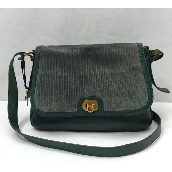 Fossil Green Leather Suede Pushlock Flap Closure Crossbody Bag - Picture 1 of 16